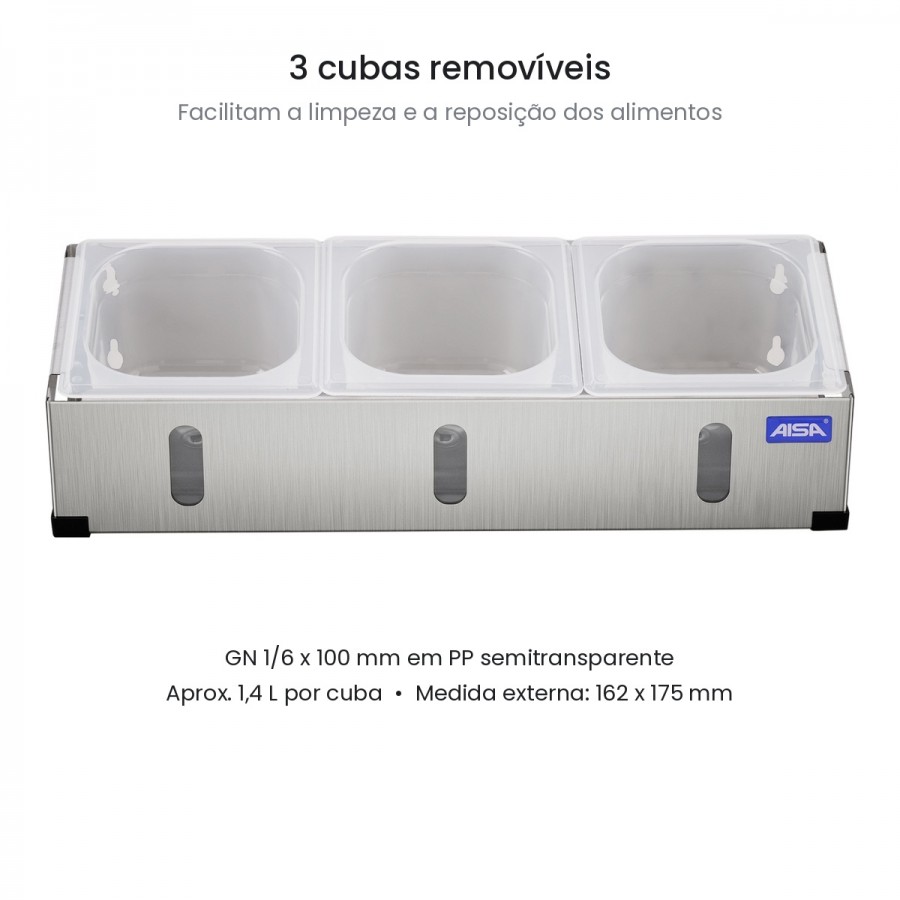 Condimentadora Pizzarola Inox 3 Cubas Acrílico Tampa Individual - Aisa